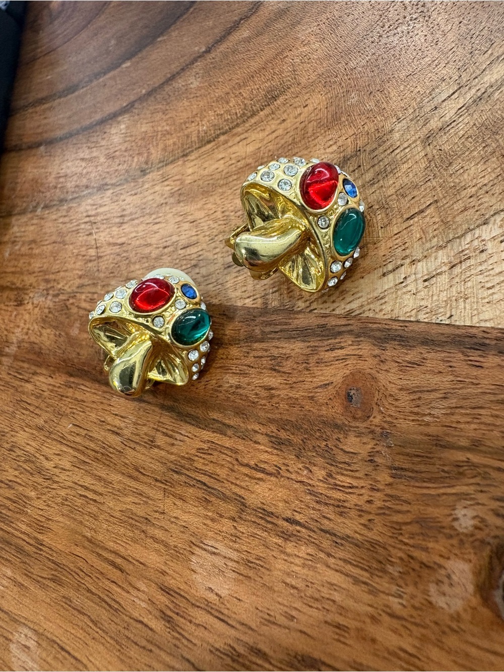 Vintage Gold-Tone Multicolor Gem Mushroom Clip-On Earrings